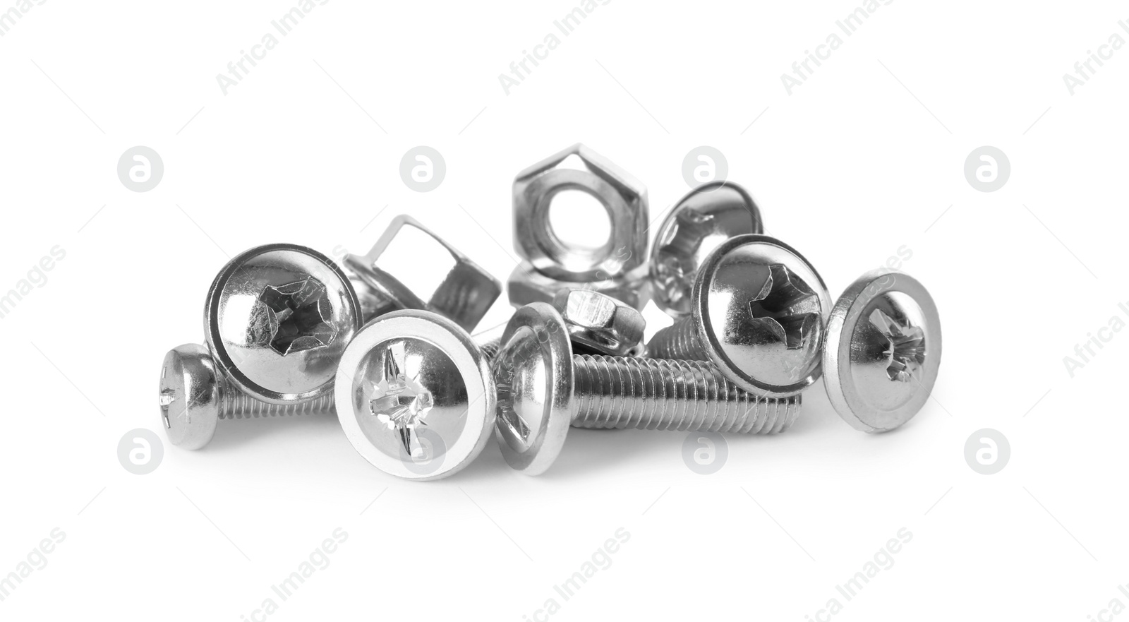 Photo of Different metal bolts and nuts on white background