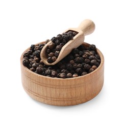 Aromatic spice. Many black peppercorns in bowl and scoop isolated on white