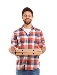Photo of Young courier with pizza boxes on white background. Food delivery service