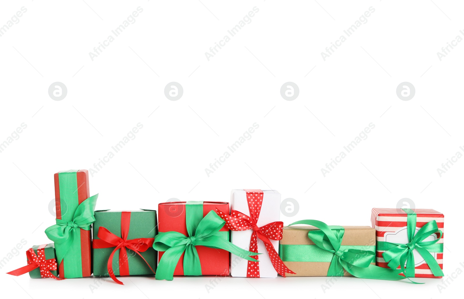 Photo of Many different Christmas gifts on white background