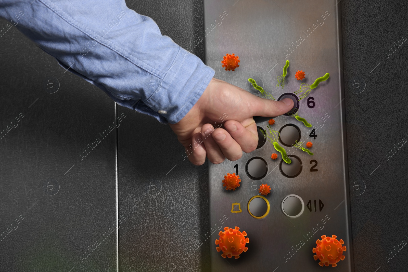 Image of Man press button in elevator with germs, closeup