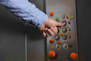 Image of Man press button in elevator with germs, closeup