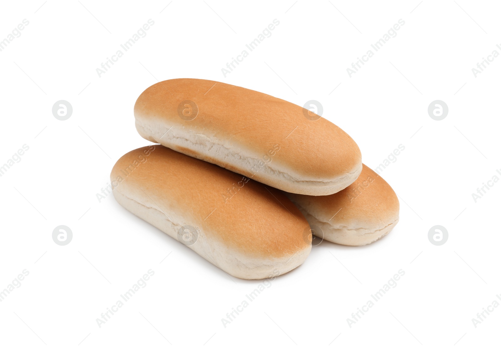 Photo of Tasty fresh buns for hot dogs on white background