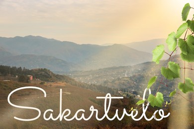 Image of Word Sakartvelo as native name of Georgia against beautiful mountain landscape