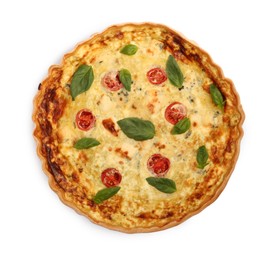 Photo of Delicious quiche with cheese, tomatoes and basil isolated on white, top view