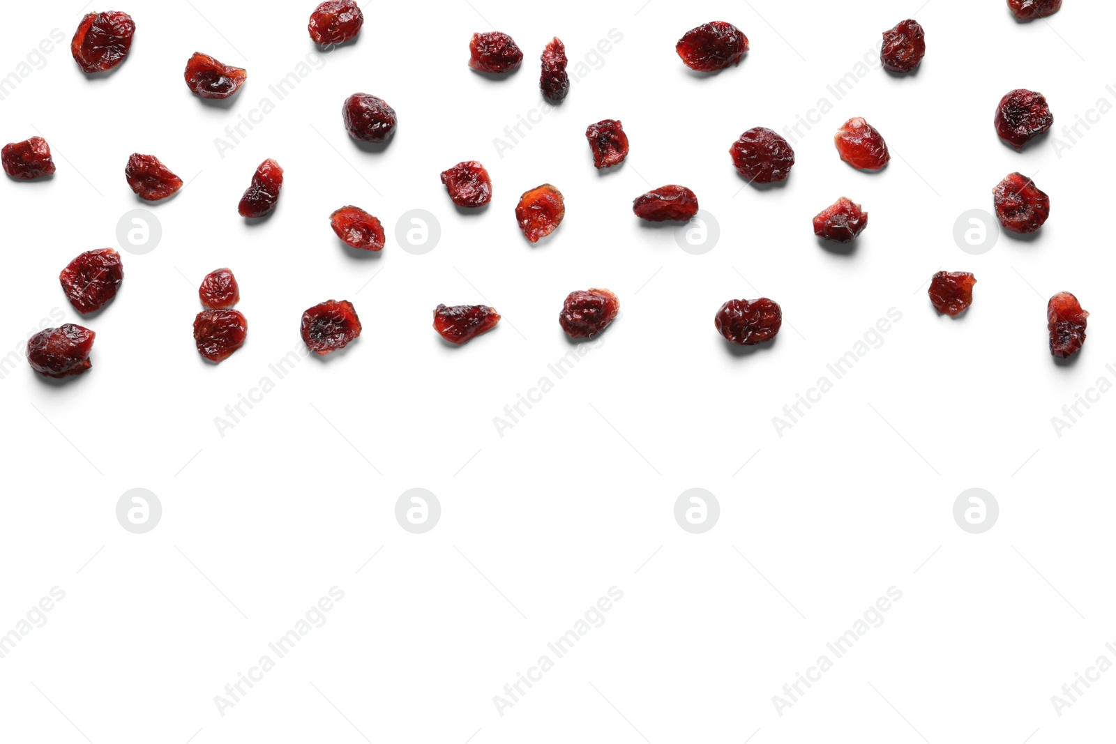 Photo of Flat lay composition of cranberries on white background, space for text. Dried fruit as healthy snack