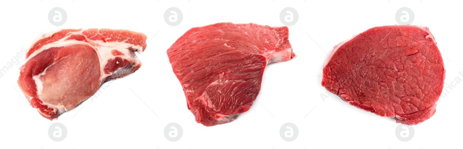 Image of Set with raw meat on white background, top view. Banner design  