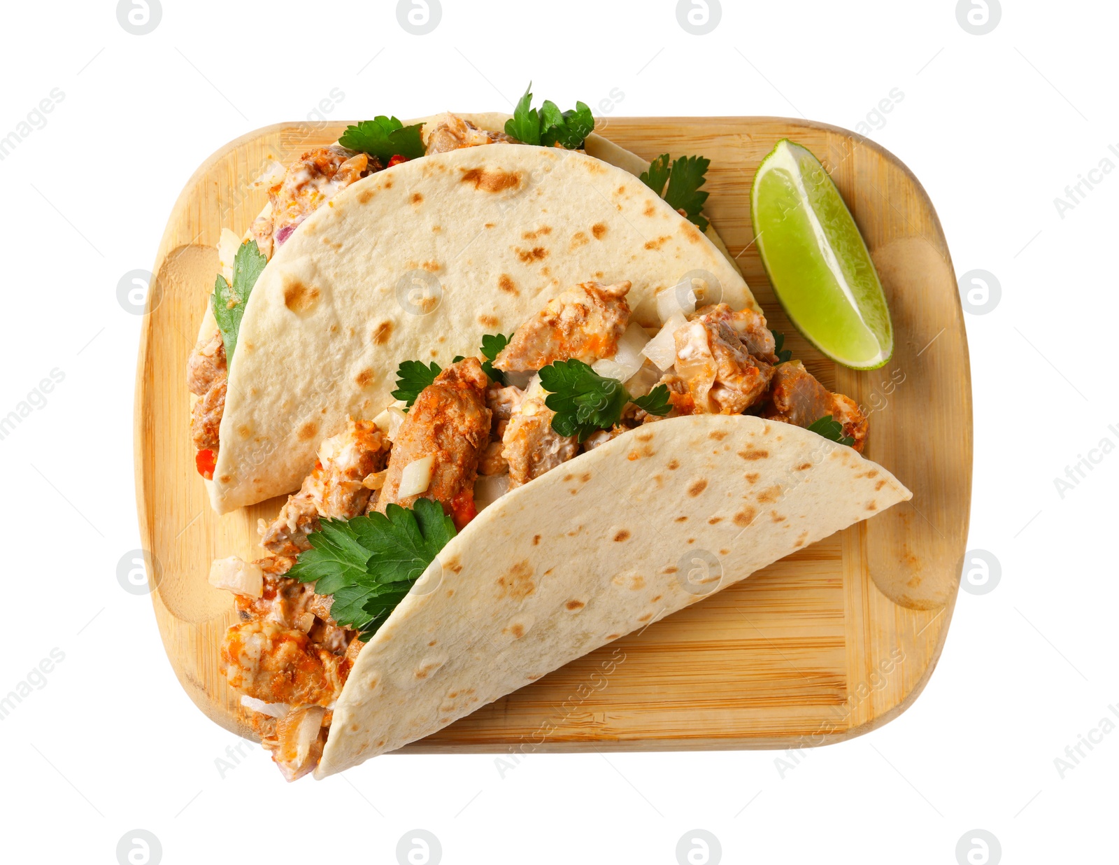 Photo of Delicious tacos with meat and parsley isolated on white, top view