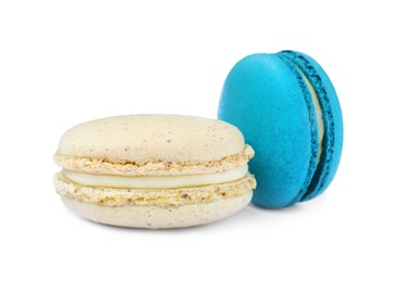 Photo of Different delicious colorful macarons on white background