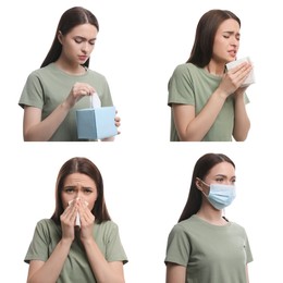 Collage with photos of woman with cold symptoms on white background