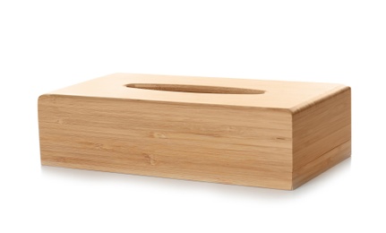 Empty wooden napkin holder on white background