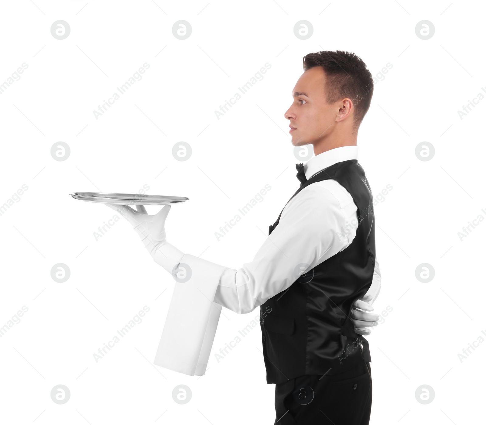 Photo of Waiter holding metal tray on white background