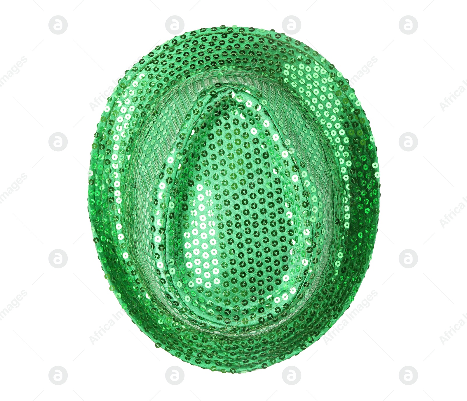 Photo of Green sequin hat isolated on white, top view. Saint Patrick's Day accessory