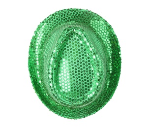 Green sequin hat isolated on white, top view. Saint Patrick's Day accessory