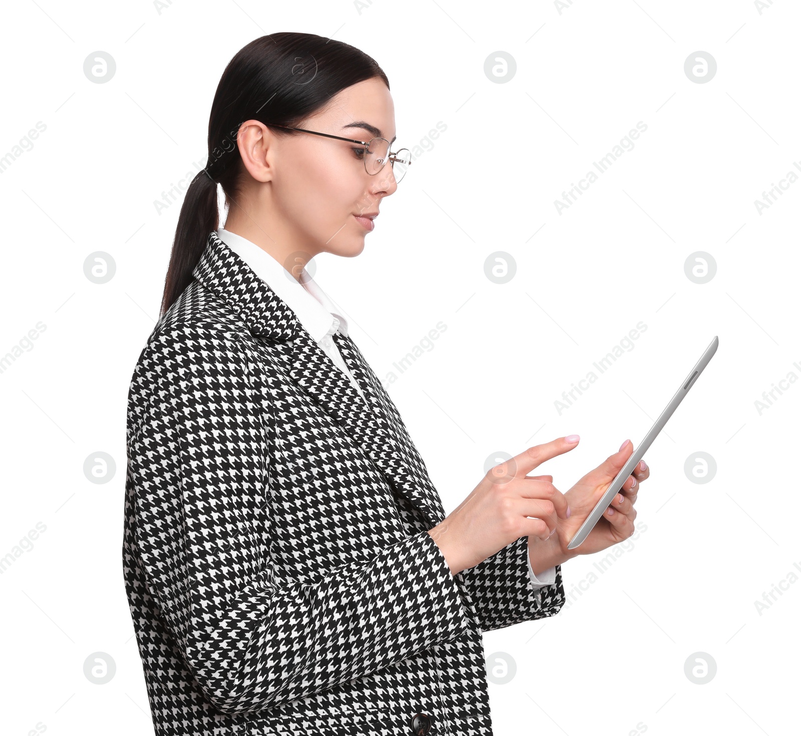 Photo of Young businesswoman with tablet on white background