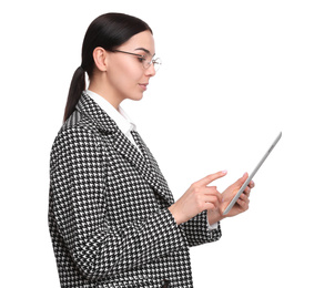 Young businesswoman with tablet on white background