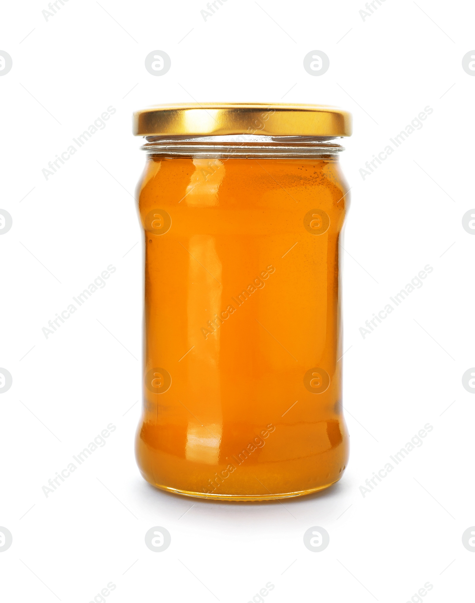 Photo of Jar with delicious honey on white background