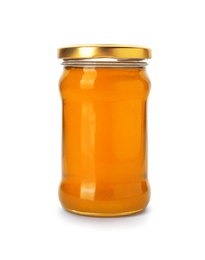 Jar with delicious honey on white background