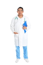 Photo of Full length portrait of male Hispanic doctor isolated on white. Medical staff