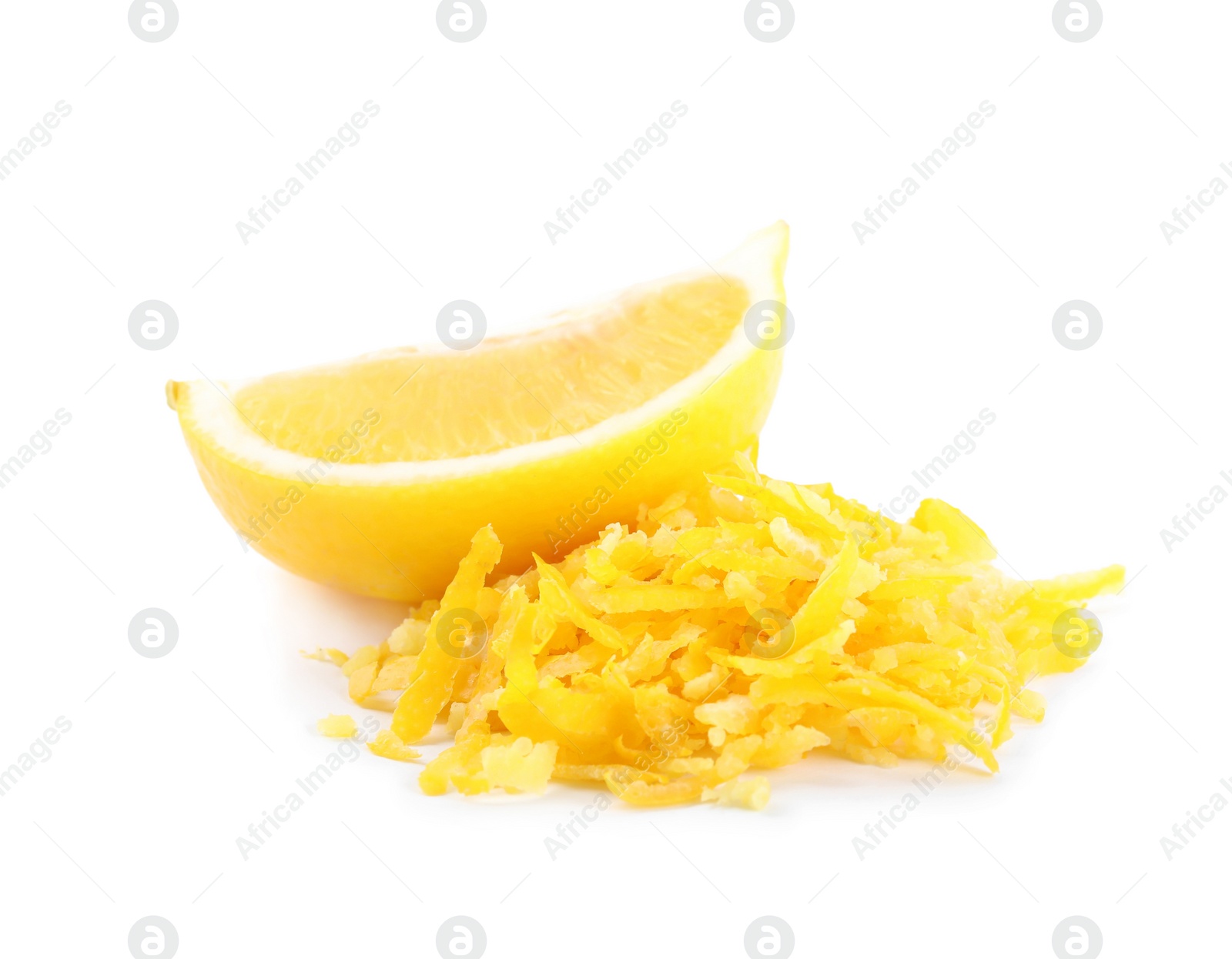 Photo of Grated lemon zest and fresh fruit on white background