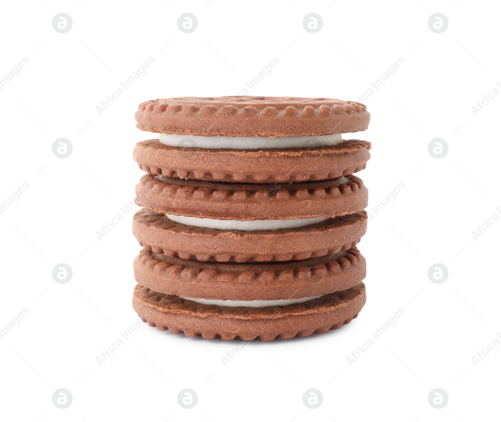 Photo of Stack of tasty chocolate sandwich cookies with cream isolated on white