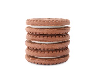 Photo of Stack of tasty chocolate sandwich cookies with cream isolated on white