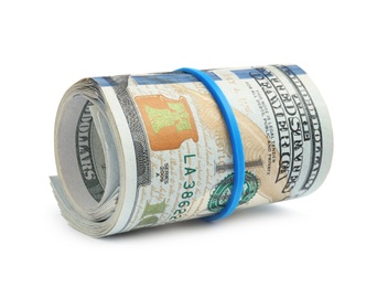 Photo of Roll of dollar bills with rubber band on white background