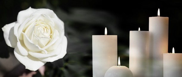 Image of Funeral. White rose and burning candles on black background, banner design