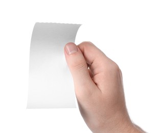 Photo of Man holding piece of blank thermal paper for receipt on white background, closeup