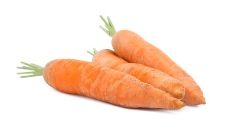 Photo of Fresh ripe juicy carrots on white background