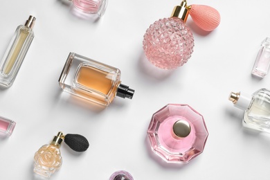 Different luxury perfume bottles on white background, top view