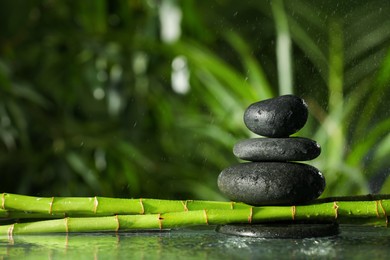 Photo of Stacked stones on bamboo stems over water against blurred background. Space for text