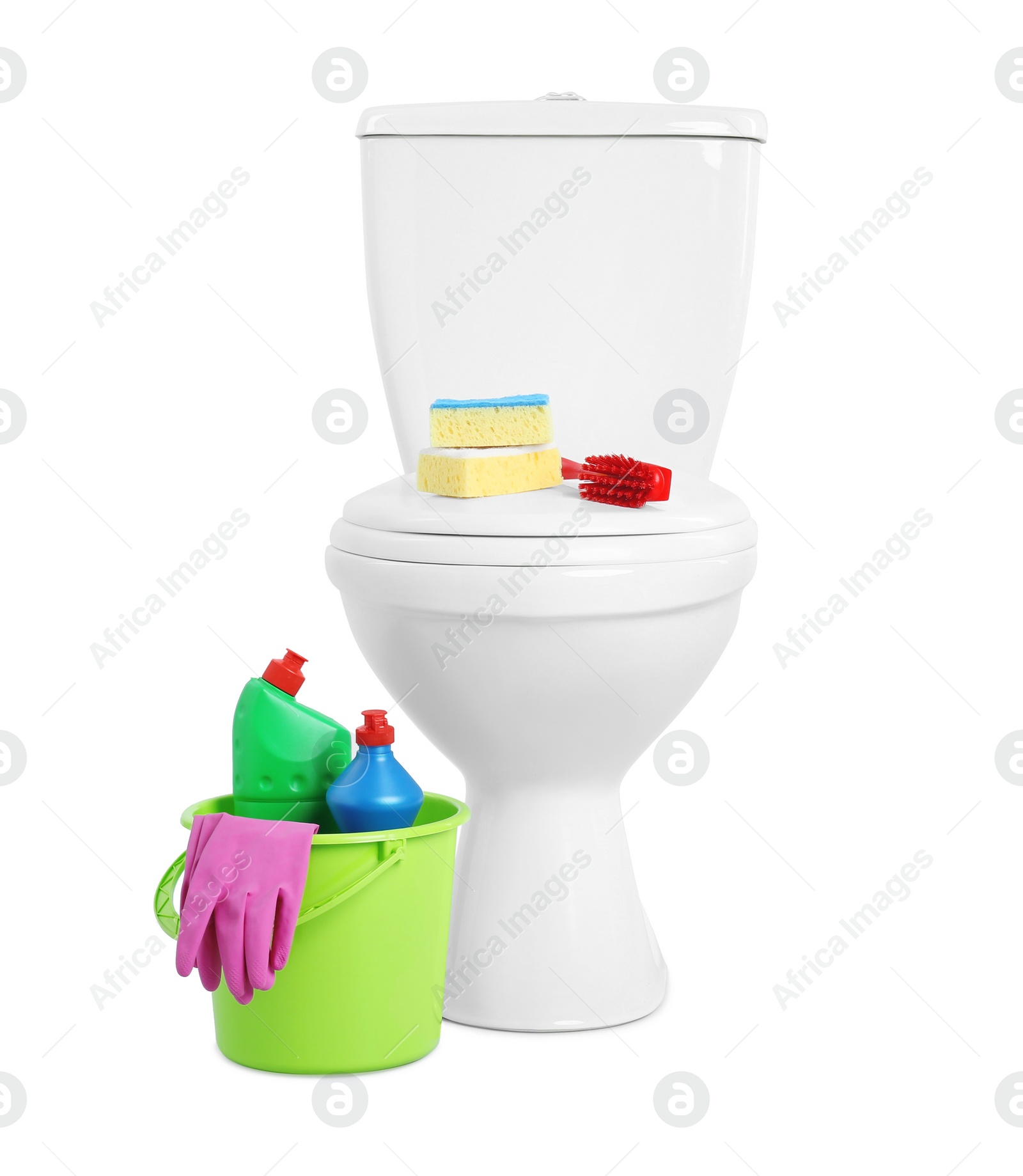 Photo of Toilet bowl and cleaning supplies on white background