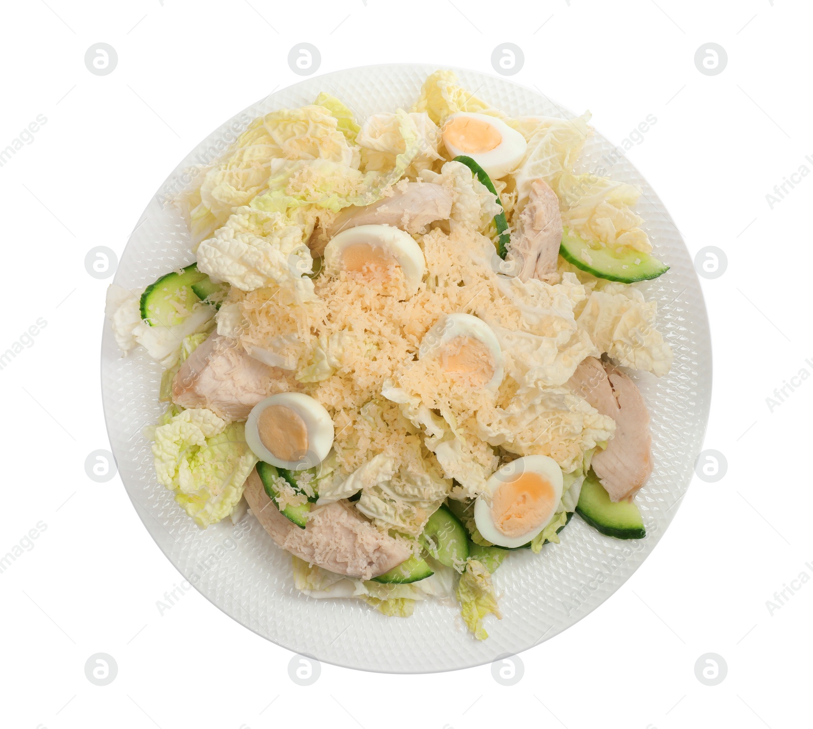 Photo of Delicious salad with Chinese cabbage, eggs and meat isolated on white, top view