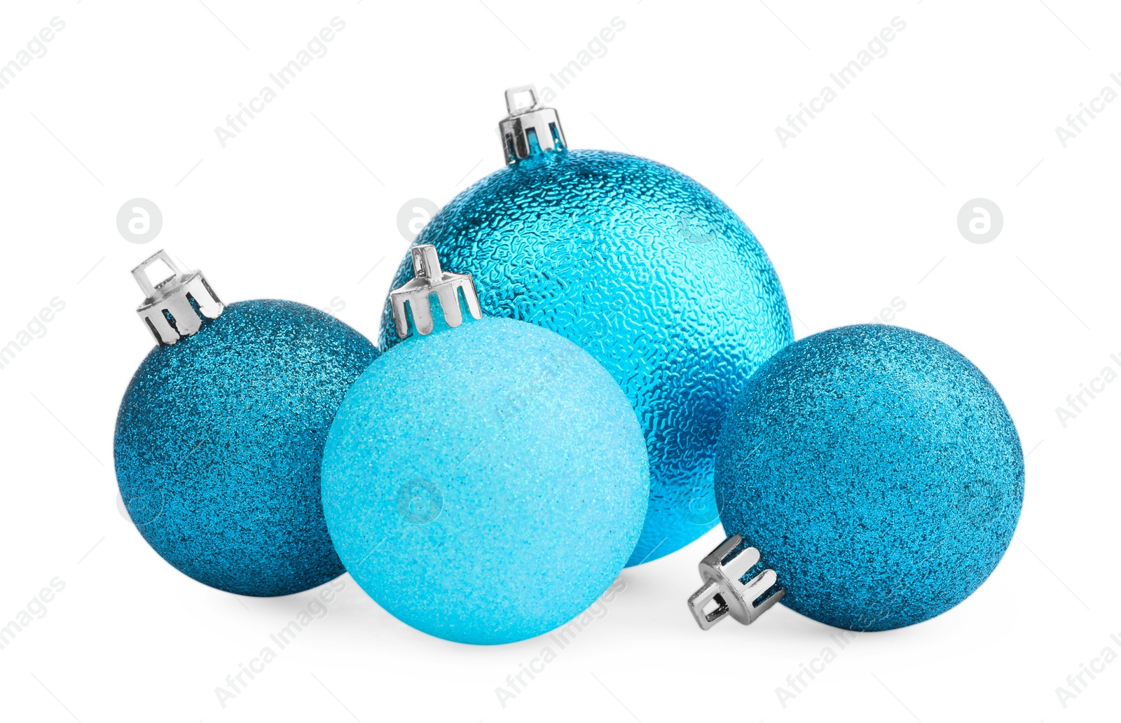 Photo of Beautiful light blue Christmas balls on white background