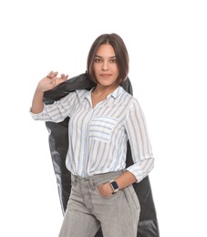 Photo of Woman holding garment cover with clothes on white background. Dry-cleaning service