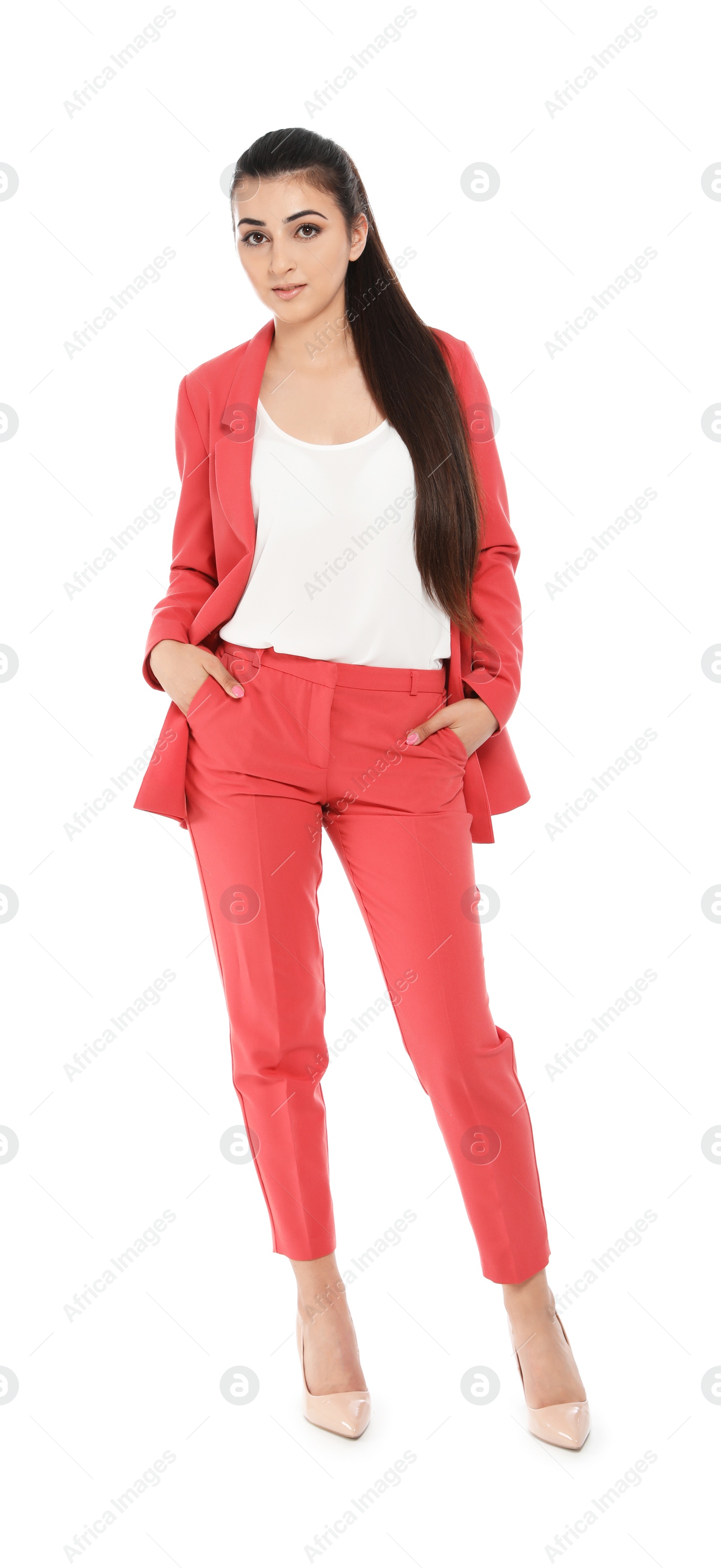 Photo of Full length portrait of young businesswoman on white background