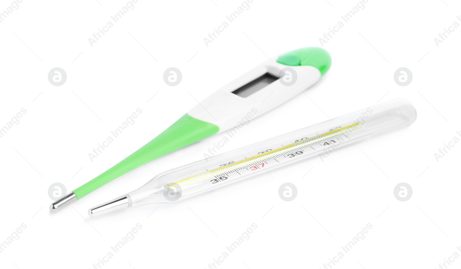 Photo of Digital and mercury thermometers on white background