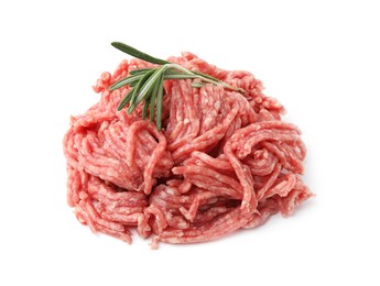 Photo of Pile of fresh raw ground meat and rosemary isolated on white