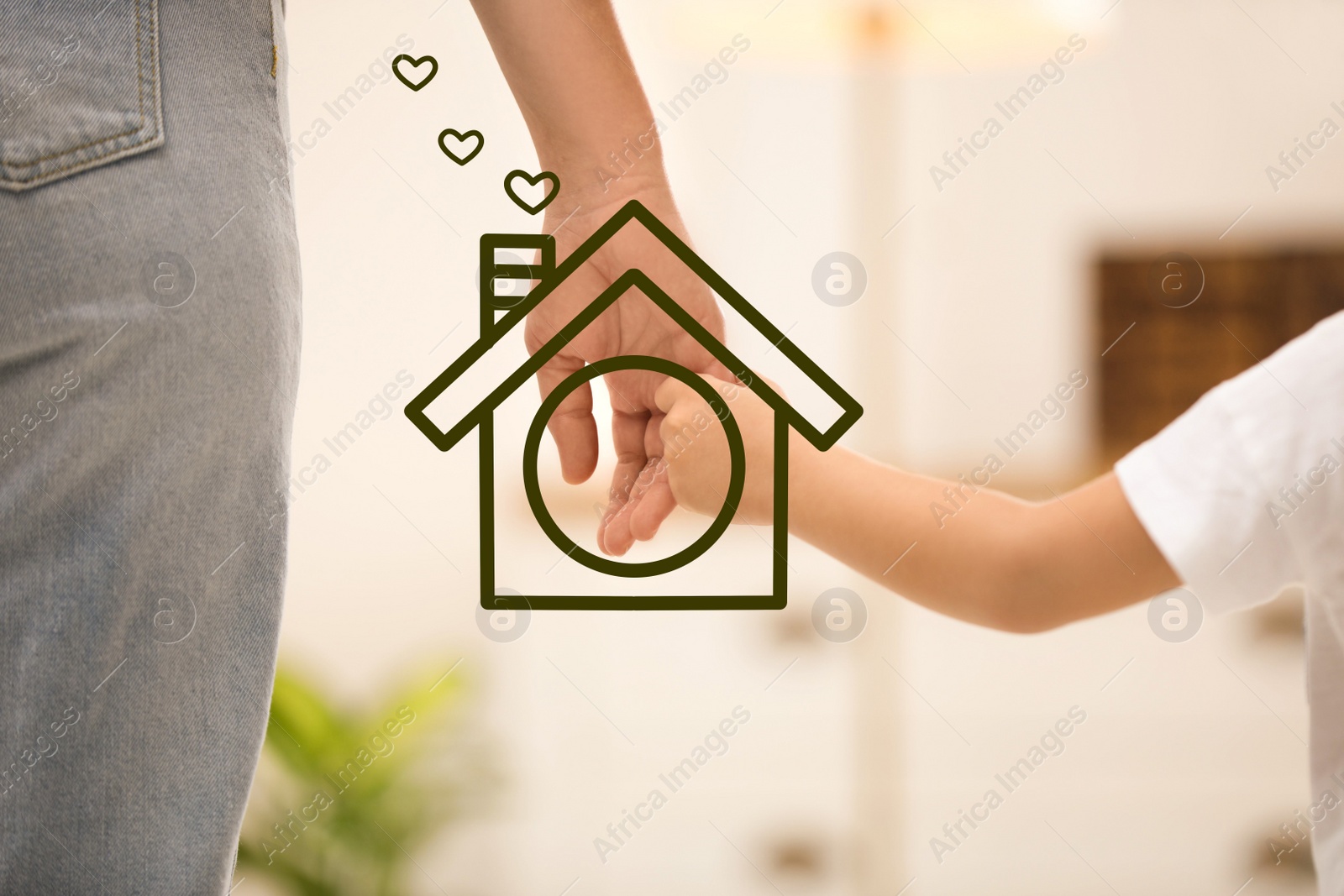 Image of Mother holding hands with child and illustration of house indoors, closeup. Adoption concept
