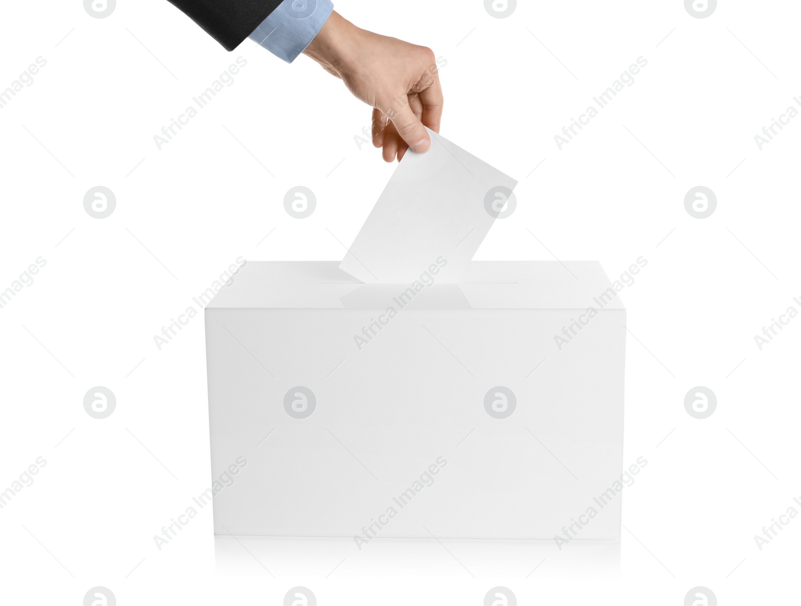 Photo of Man putting his vote into ballot box on white background, closeup