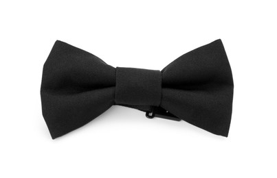 Photo of Stylish black bow tie on white background, top view