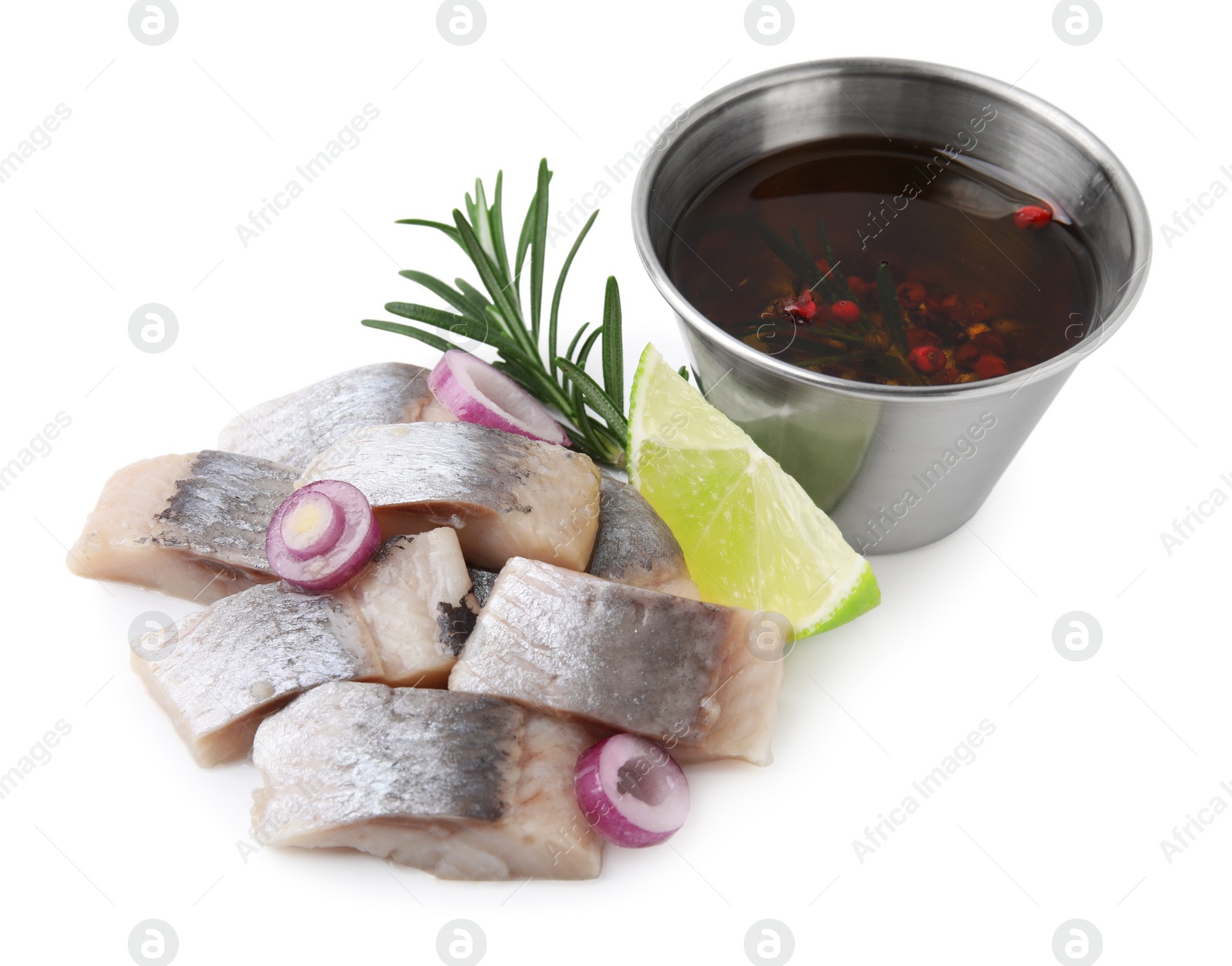 Photo of Pieces of tasty fish, onion and marinade isolated on white