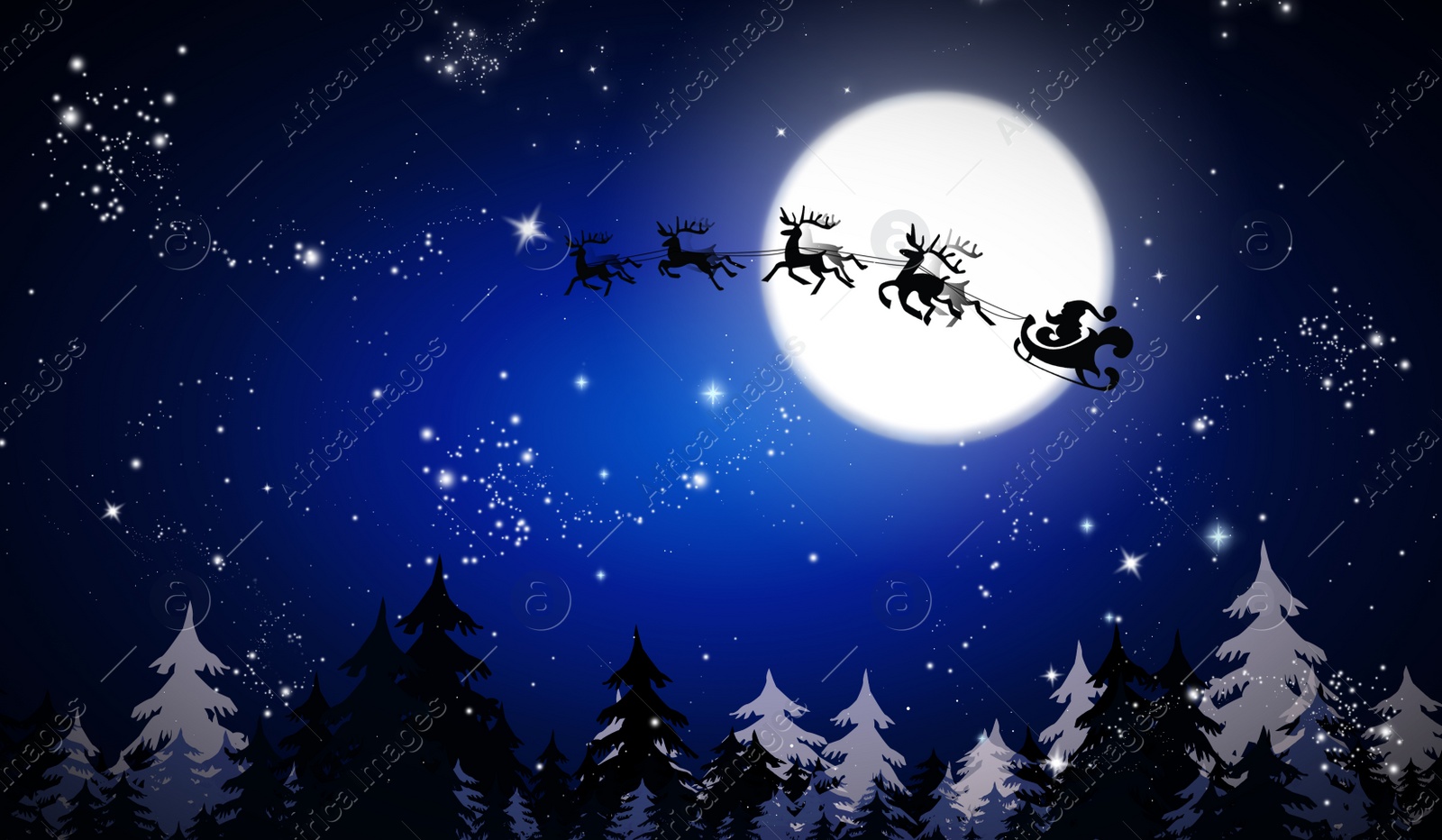 Image of Magic Christmas eve. Santa with reindeers flying in sky on full moon night