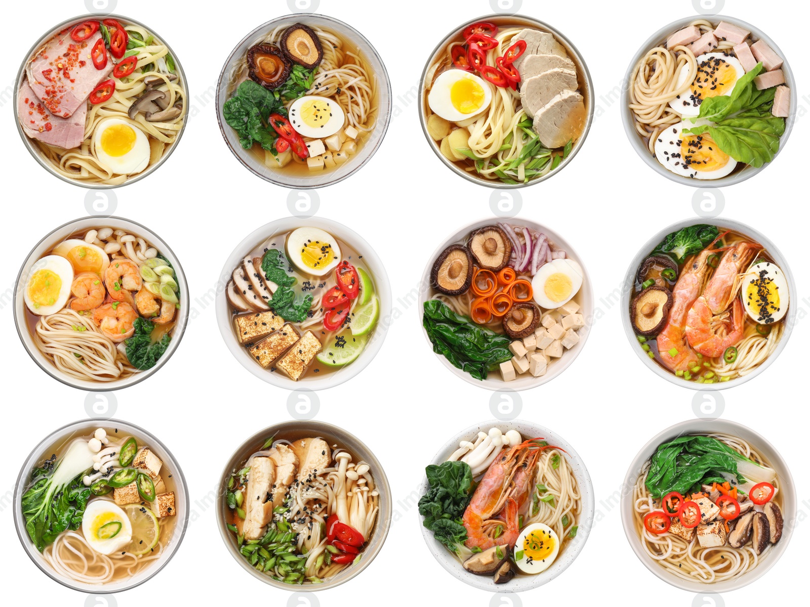 Image of Set with bowls of delicious ramen with different ingredients isolated on white, top view. Noodle soup