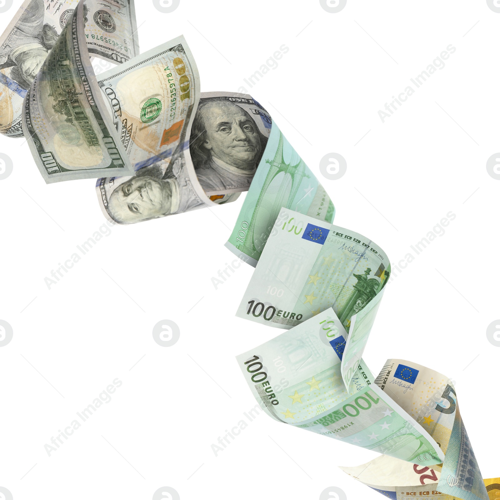 Image of Money exchange. Dollars turning into euro banknotes while falling on white background