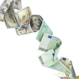 Image of Money exchange. Dollars turning into euro banknotes while falling on white background