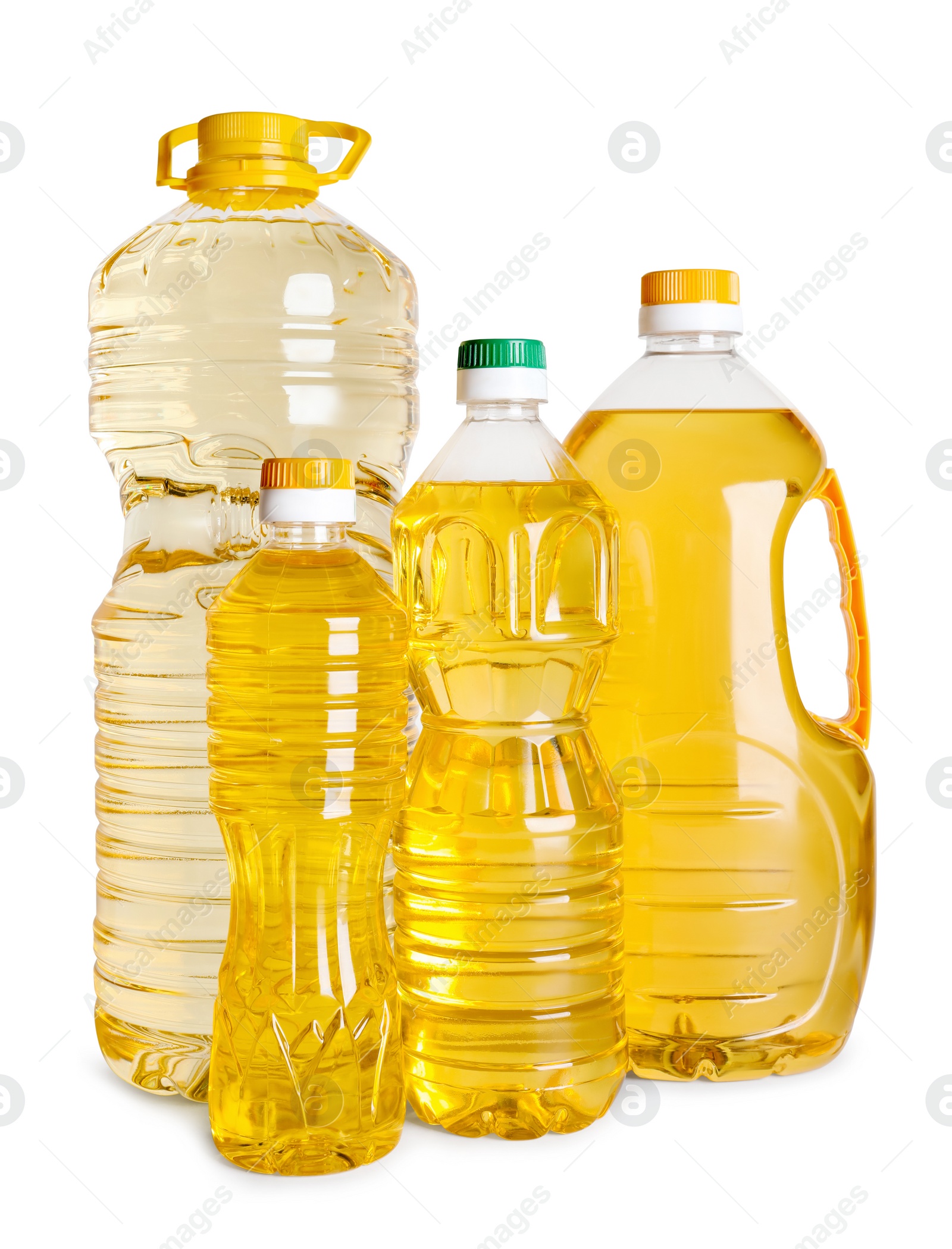 Photo of Bottles of cooking oil on white background