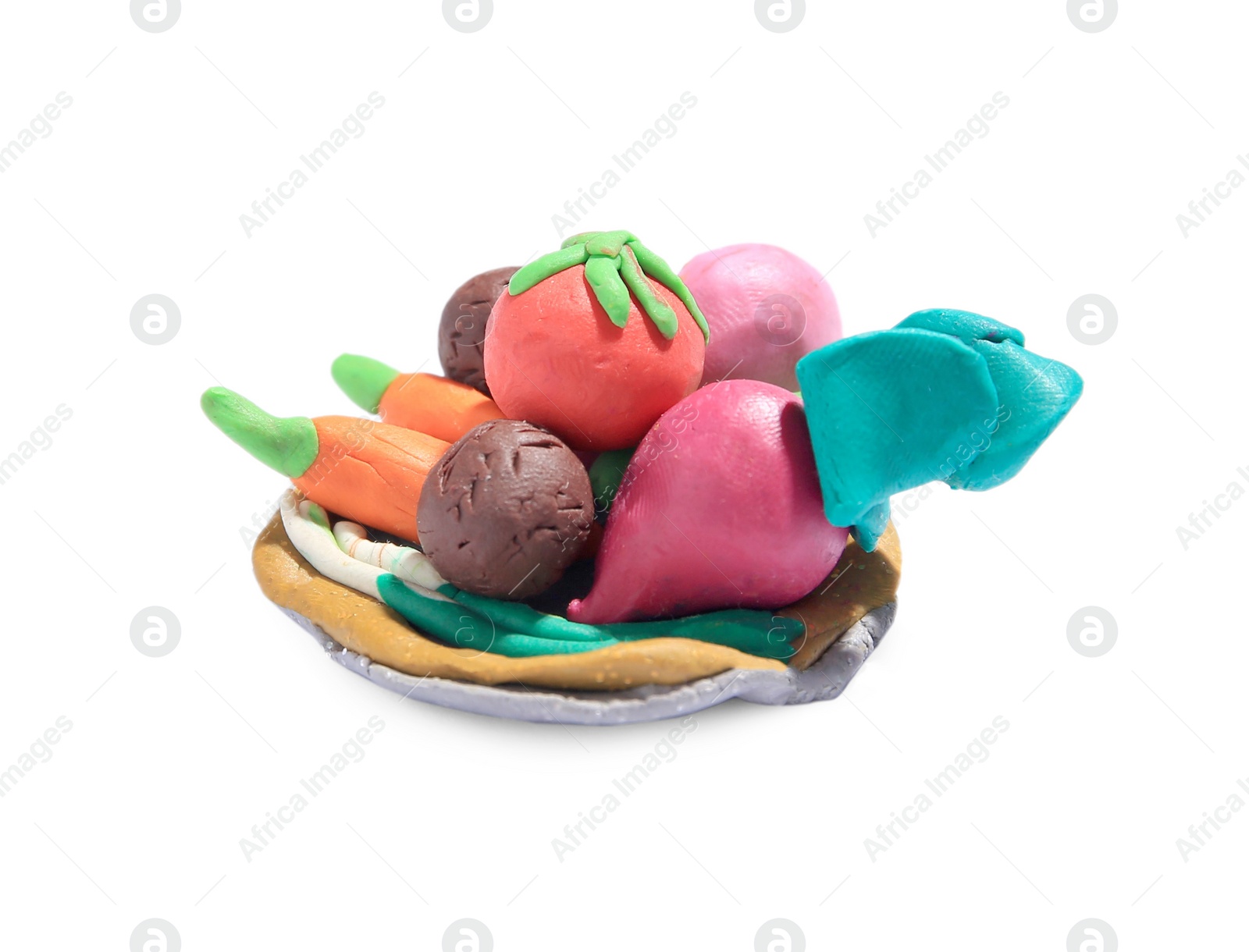 Photo of Different plasticine vegetables isolated on white. Children's handmade ideas