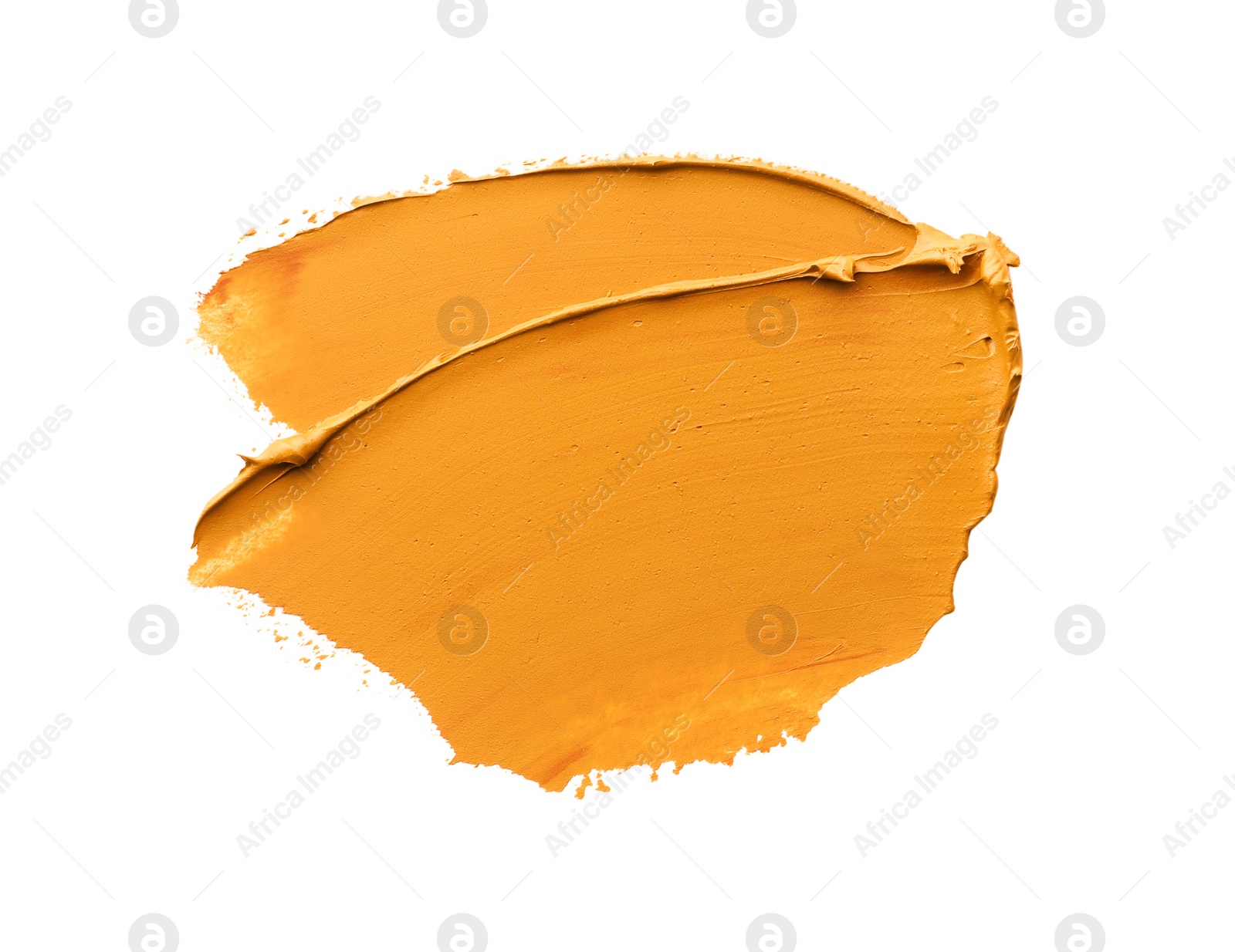 Photo of Orange oil paint stroke on white background, top view